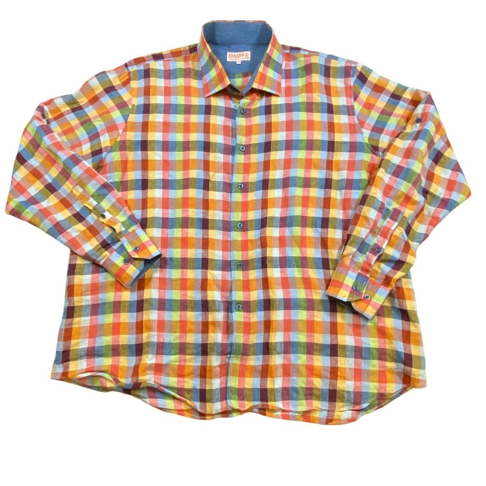 INSERCH 100% Linen Plaid Button Down Shirt Big Tall Size 4XL - Picture 3 of 8